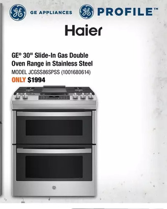 Home Depot Ge 30" slide-in gas double oven range in stainless steel offer