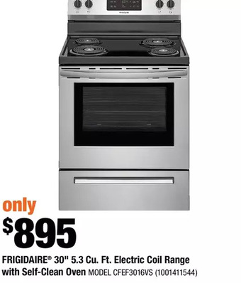 Home Depot Frigidaire 30" 5.3 cu. ft. electric coil range with self-clean oven offer