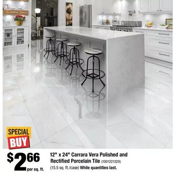 Home Depot 12" x 24" carrara vera polished and rectified porcelain tile offer