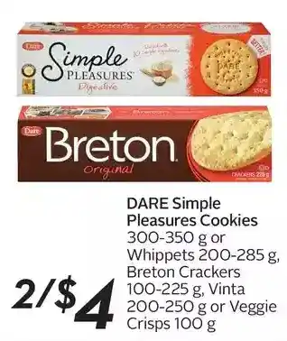 Sobeys Dare simple pleasures cookies or whippets, breton crackers, vinta or veggie crisps offer