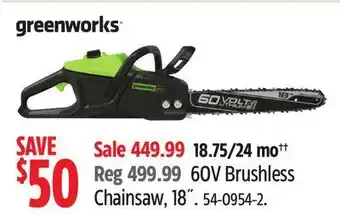 Canadian Tire Greenworks 60v brushless chainsaw, 18˝ offer