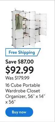 Walmart 16 cube portable wardrobe closet organizer, 56" x 14" x 56" offer