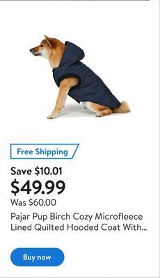 Walmart Pajar pup birch cozy microfleece lined quilted hooded coat with pockets for dogs offer
