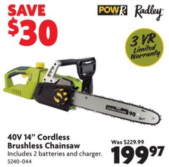 Home Hardware 40v 14" cordless brushless chainsaw offer