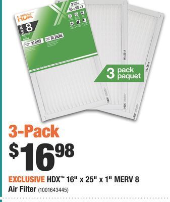 Home Depot Hdx™ 16" x 25" x 1" merv 8 air filter offer