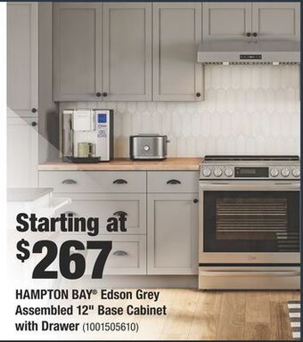 Home Depot Hampton bay® edson grey assembled 12" base cabinet with drawer offer