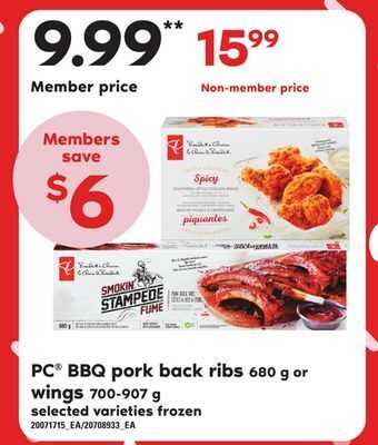 Zehrs Markets Pc® bbq pork back ribs 680 g or wings 700-907 g offer