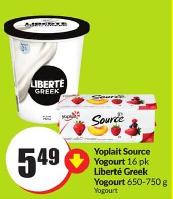 FreshCo Yoplait source yogourt 16 pk liberté greek yogourt 650-750 g offer