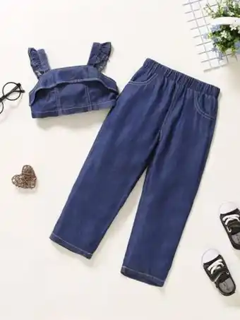 SheIn Toddler girls ruffle trim denim top & jeans offer