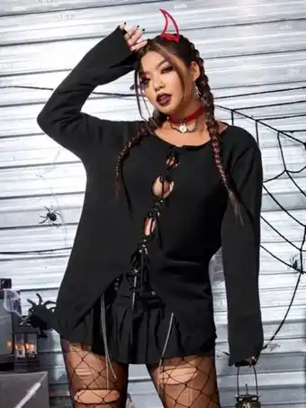SheIn Shein plus cut out lace up front sweater offer