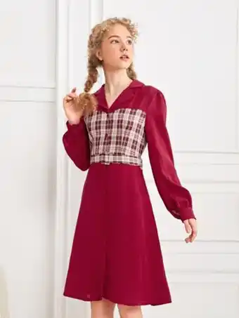 SheIn Shein teen girls notched collar plaid panel belted shirt dress offer