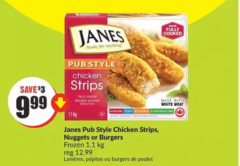 FreshCo Janes pub style chicken strips, nuggets or burgers offer