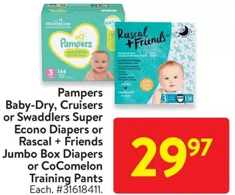 Walmart Pampers baby-dry, cruisers or swaddlers super econo diapers or rascal + friends jumbo box diapers or cocomelon training pants offer