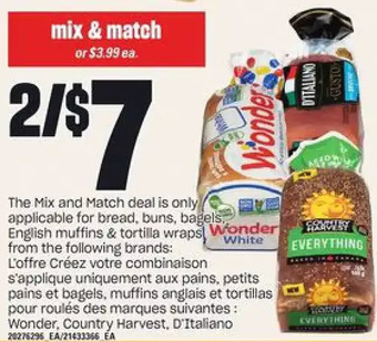Valu-mart Wonder, country harvest, d'italiano bread, buns, bagels, english muffins & tortilla wraps offer