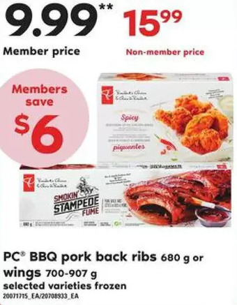 Loblaws Pc bbq pork back ribs or wings offer