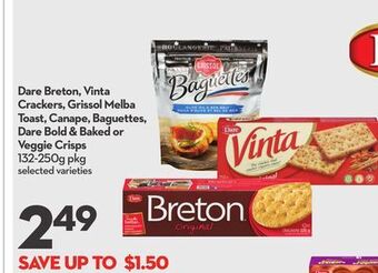Longo's Dare breton, vinta crackers, grissol melba toast, canape, baguettes, dare bold & baked or veggie crisps offer