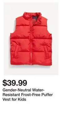 Old Navy Gender-neutral water-resistant frost-free puffer vest for kids offer