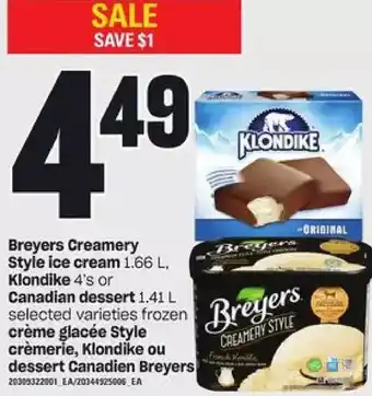 Independent Grocer Breyers creamery style ice cream, klondike or canadian dessert offer