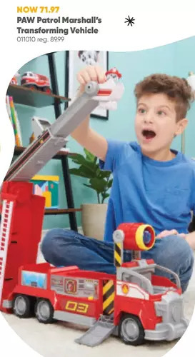 Toys R us Paw patrol, marshall's transforming movie city fire truck with extending ladder, lights, sounds and action figure offer