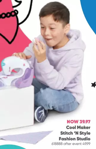 Toys R us Cool maker, stitch 'n style fashion studio, pre-threaded sewing machine toy with fabric and water transfer prints offer