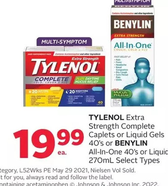 Rexall Tylenol extra strength complete caplets or liquid gels or benylin all-in-one or liquid offer
