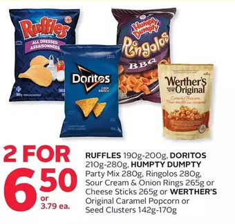 Rexall Ruffles, doritos, humpty dumpty party mix, ringolos, sour cream & onion rings or cheese sticks or werther's original caramel offer