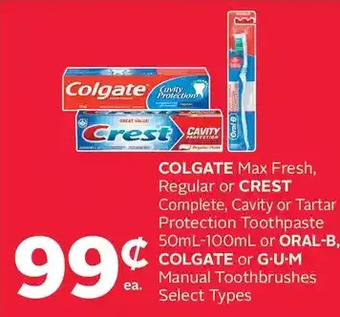 Rexall Colgate max fresh, regular or crest complete, cavity or tartar protection toothpaste or oral-b, colgate or g-u-m manual tooth offer
