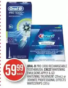 Shoppers Drug Mart Oral-b pro 1000 rechargeable toothbrush, crest whitening emulsions apply & go whitening treatment or 3dwhite professional eff offer