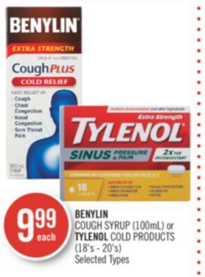 Shoppers Drug Mart Benylin cough syrup (100ml) or tylenol cold products (18's - 20's) offer