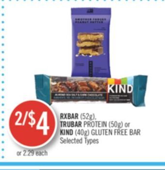 Shoppers Drug Mart Rxbar (52g) trubar protein (50g) or kind (40g) gluten free bar offer
