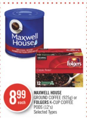 Shoppers Drug Mart Maxwell house ground coffee (925g) or folgers k-cup coffee pods (12's) offer