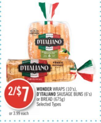 Shoppers Drug Mart Wonder wraps (10's), d'italiano sausage buns (6's) or bread (675g) offer