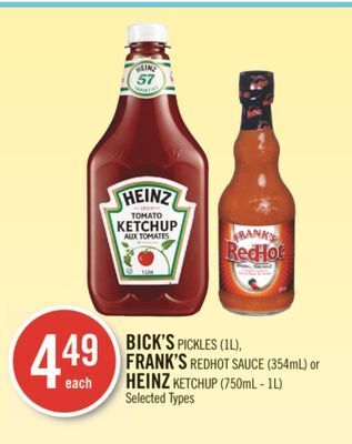 Shoppers Drug Mart Bick's pickles (1l), frank's redhot sauce (354ml) or heinz ketchup (750ml - 1l) offer