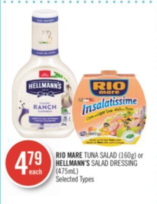Shoppers Drug Mart Rio mare tuna salad (160g) or hellmann's salad dressing (475ml) offer