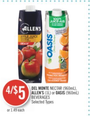 Shoppers Drug Mart Del monte nectar (960ml), allen's (1l) or oasis (960ml) beverages offer