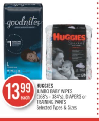 Shoppers Drug Mart Huggies jumbo baby wipes (168's - 384's), diapers or training pants offer