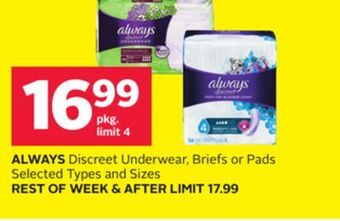 Rexall Always discreet underwear, briefs or pads offer