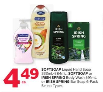 Rexall Softsoap liquid hand soap 332ml-384ml, softsoap or irish spring body wash 591ml or irish spring bar soap 6-pack offer
