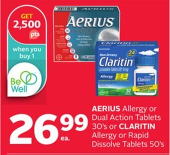 Rexall Aerius allergy or dual action tablets 30' s or claritin allergy or rapid dissolve tablets 50' s offer