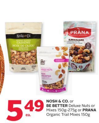 Rexall Nosh & co. or be better deluxe nuts or mixes 150g-275g or prana organic trail mixes 150g offer