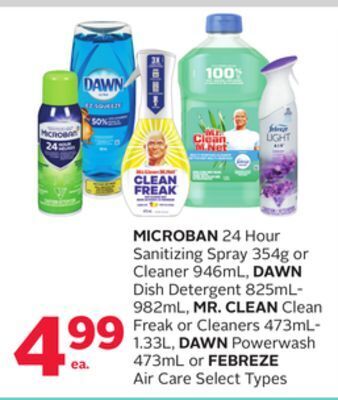 Rexall Microban 24 hour sanitizing spray 354g or cleaner 946ml, dawn dish detergent 825ml-982ml, mr. clean clean freak or cleaners 4 offer