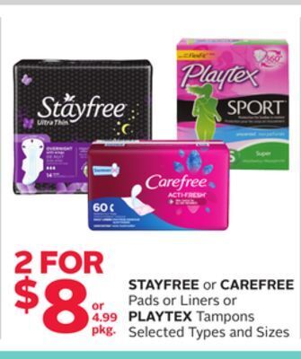 Rexall Stayfree or carefree pads or liners or playtex tampons offer