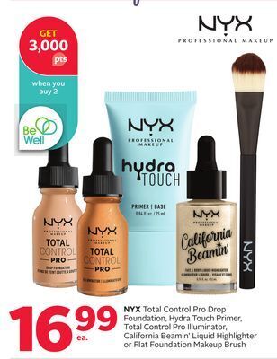 Rexall Nyx total control pro drop foundation, hydra touch primer, total control pro illuminator, california beamin' liquid highlight offer
