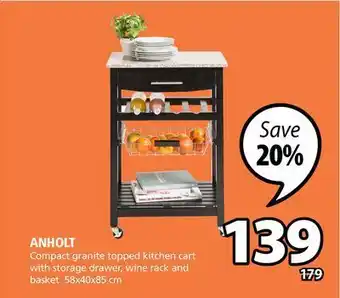 JYSK Anholt compact granite topped kitchen cart offer