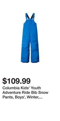 Sport Chek Columbia kids' youth adventure ride bib snow pants, boys', winter, waterproof, insulated offer