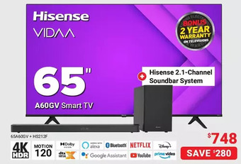 Visions Electronics Hisense 65" a60gv smart tv + hisense 2.1-channel soundbar system offer