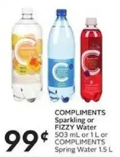 Safeway Compliments Sparkling Or Fizzy Water 503ml Or 1L Or Compliments Spring Water 1.5L offer