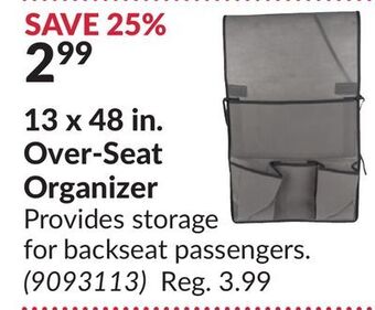 Princess Auto 13 x 48 in. over-seat organizer offer