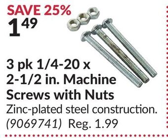 Princess Auto 3 pk 1/4-20 x 2-1/2 in. machine screws with nuts offer