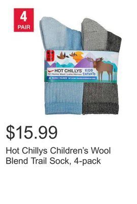 Costco Hot chillys children's wool blend trail sock, 4-pack offer